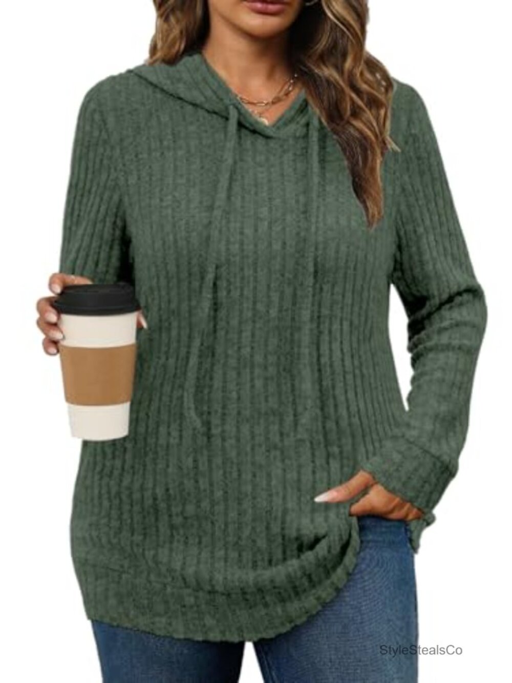 Plus Size Lightweight Ribbed Knit Hoodie Sweater Long Sleeve Tunic Top